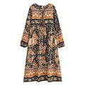Ethnic Floral Print Tie-Neck Long Sleeve Boho Maxi Dress