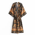 Boho Dark Floral Maxi Kimono Robe with Sash