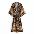 Boho Dark Floral Maxi Kimono Robe with Sash