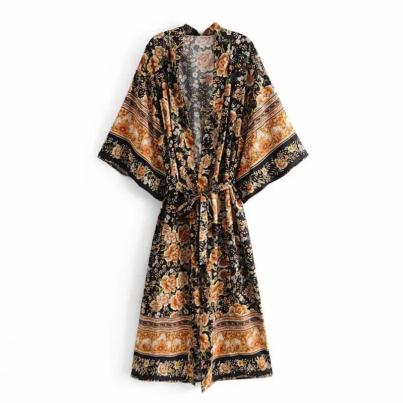 Boho Dark Floral Maxi Kimono Robe with Sash