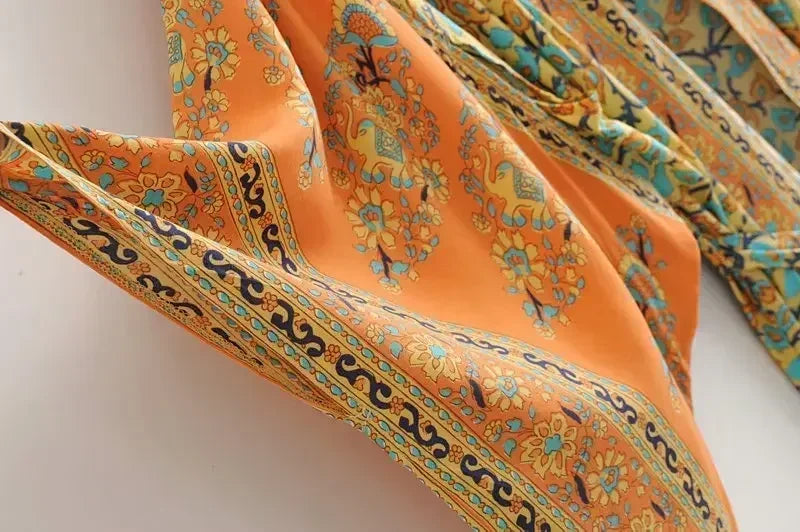 Boho Ethnic Stripe Maxi Kimono Robe with Sash