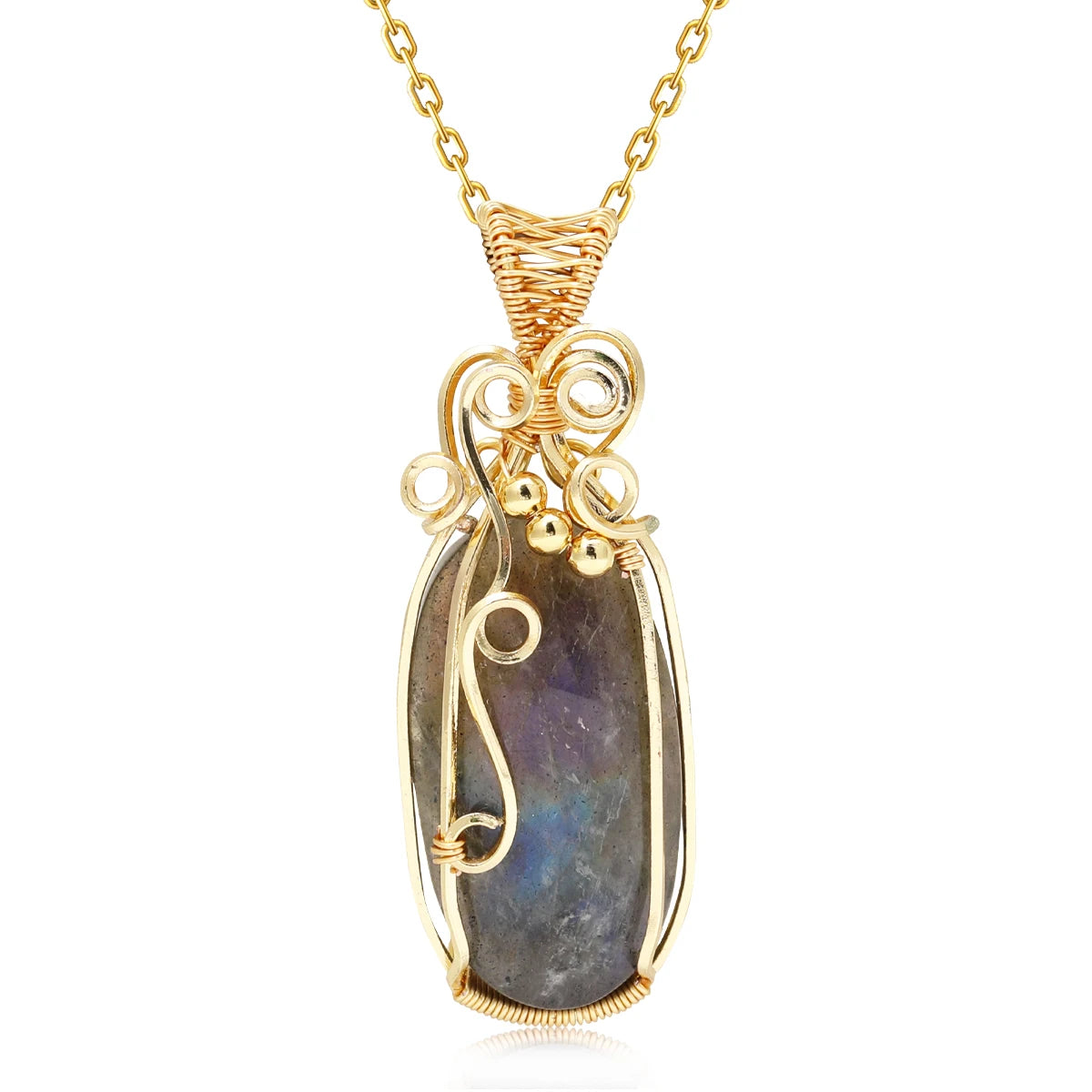 Wire-Wrapped Gemstone Pendant Necklace | Labradorite, Moonstone & Sunstone