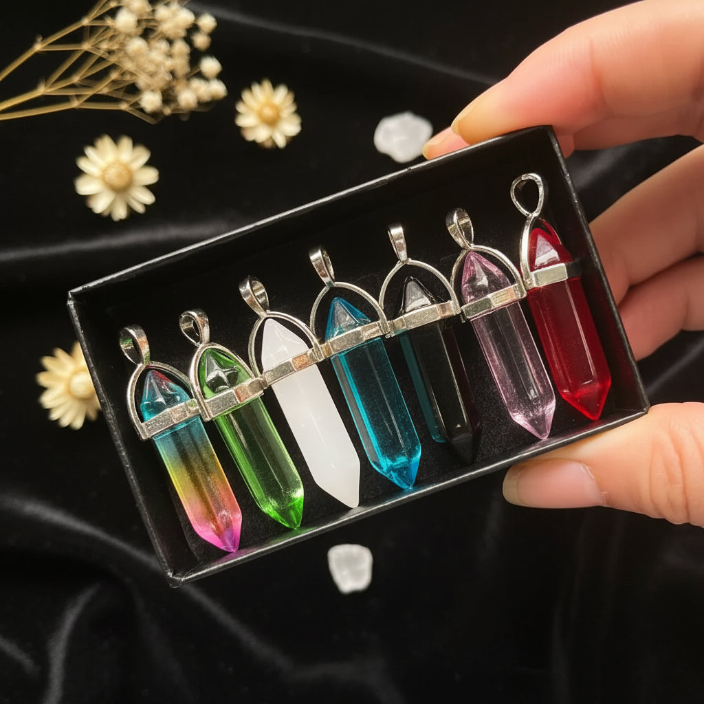 7-Piece Hexagonal Crystal Chakra Pendant Set | Pointed Gemstone Wands for Jewelry & Décor