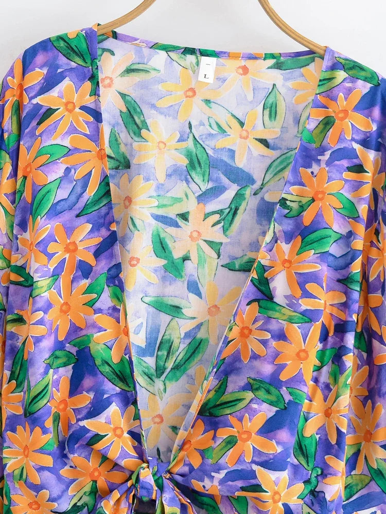 Floral Tie-Front Short Kimono Cover-Up