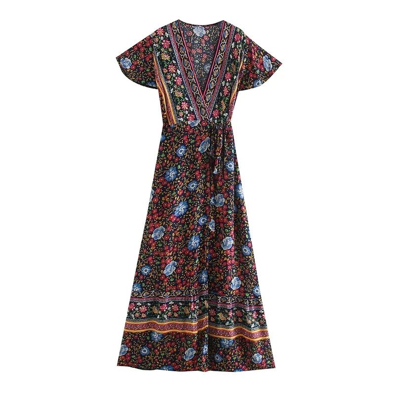 Floral Batwing Sleeve Boho Maxi Dress