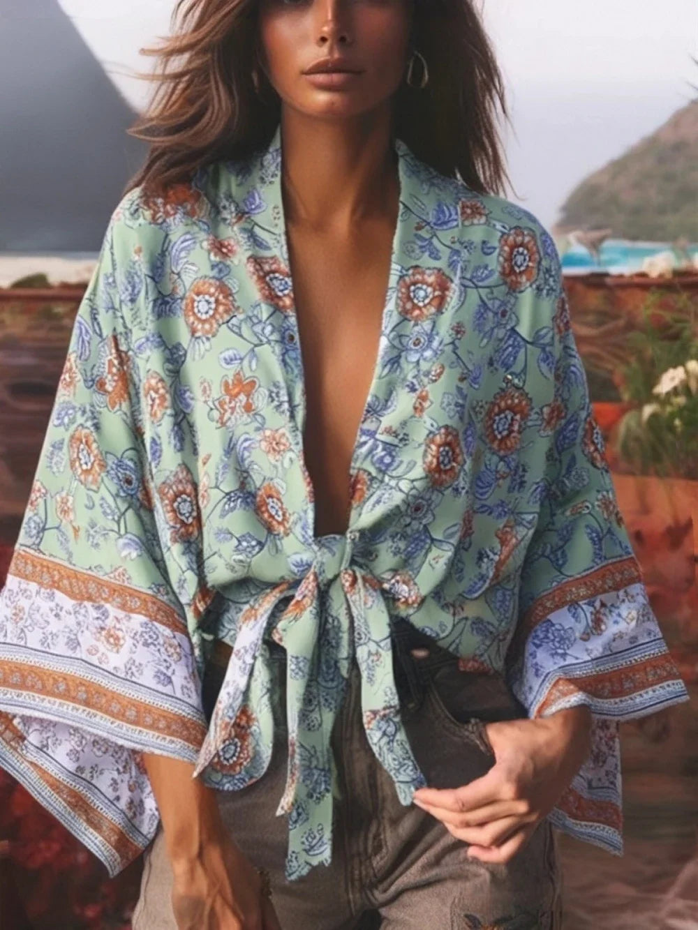 Floral Print Short Kimono with Batwing Sleeves