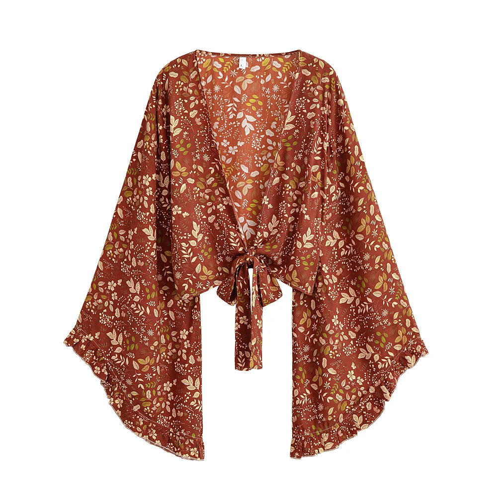 Flare Sleeve Tie-Front Boho Kimono Top