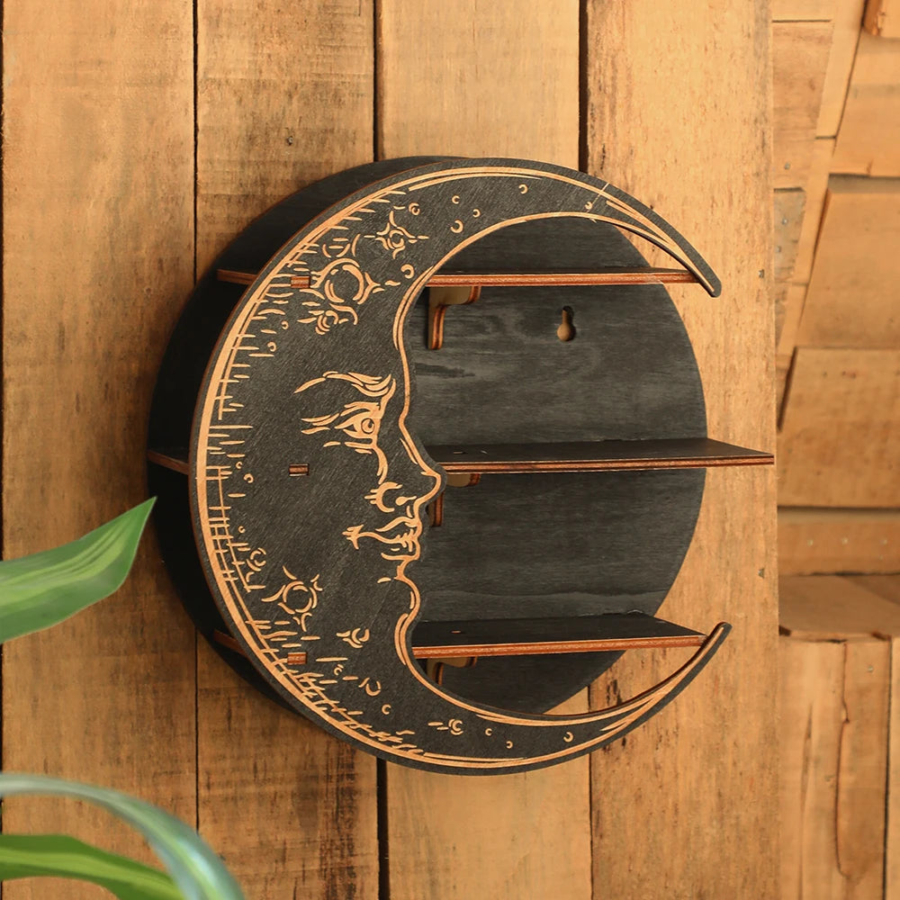 Moon Face Round Wall Shelf – Wooden Crystal Display