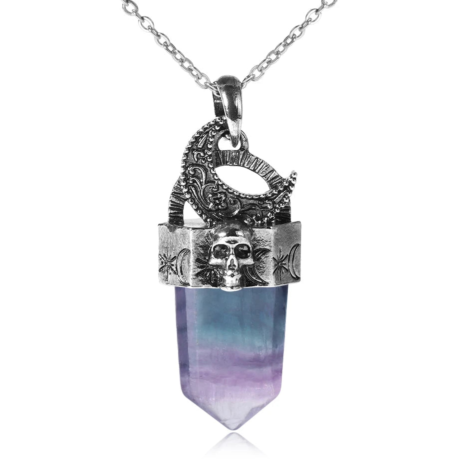 Skull & Crescent Moon Crystal Point Pendant Necklace | Natural Gemstone | Reiki Healing Jewelry