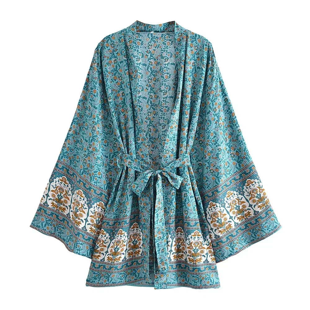 Floral Boho Kimono Robe with Batwing Sleeves
