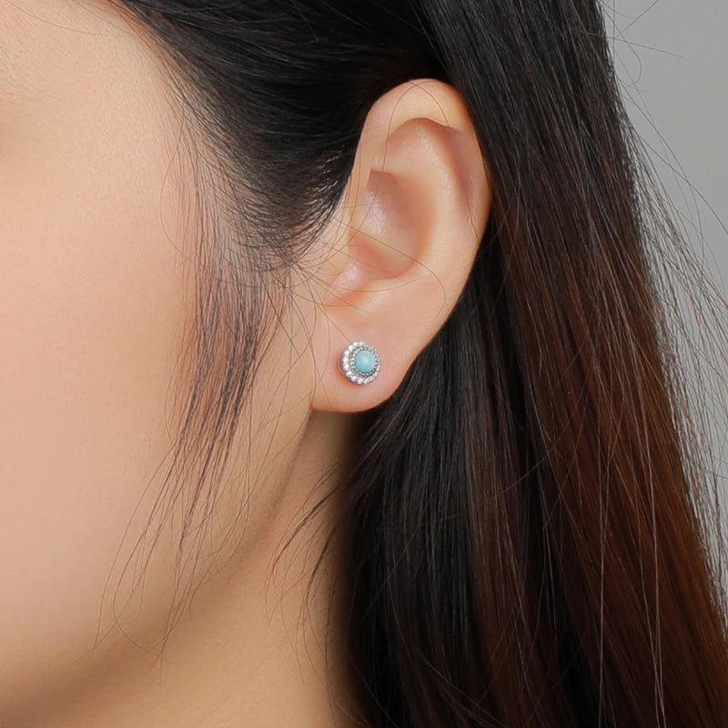 Larimar Round Halo 925 Sterling Silver Stud Earrings