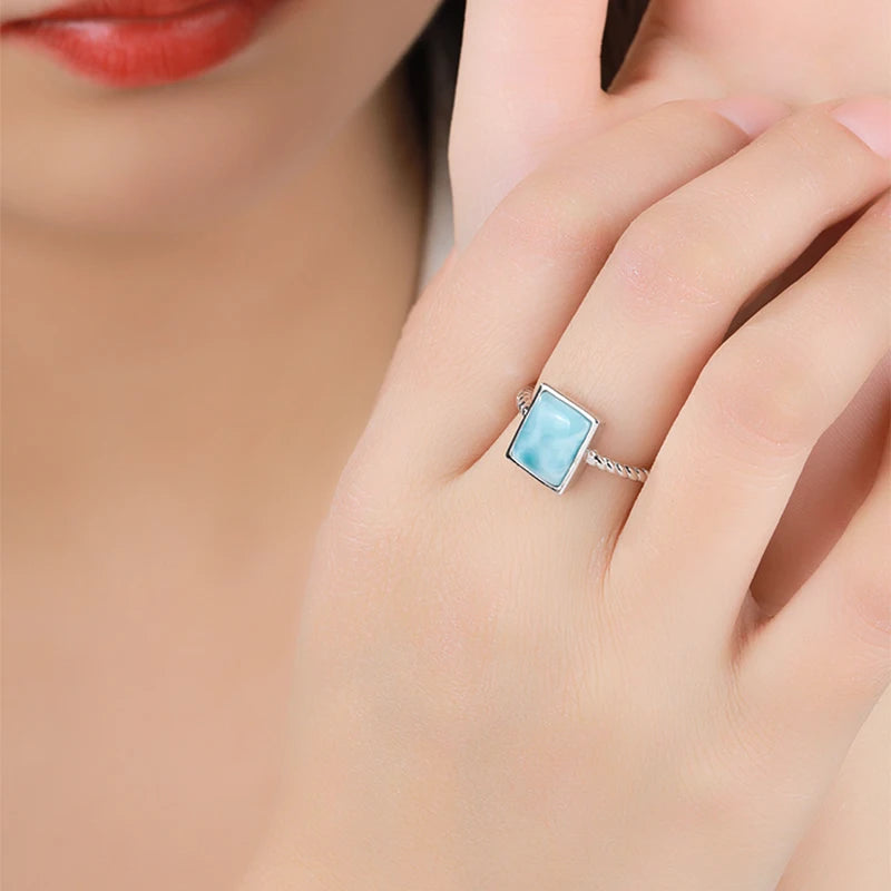 Larimar Square Bezel Rope Ring in 925 Sterling Silver