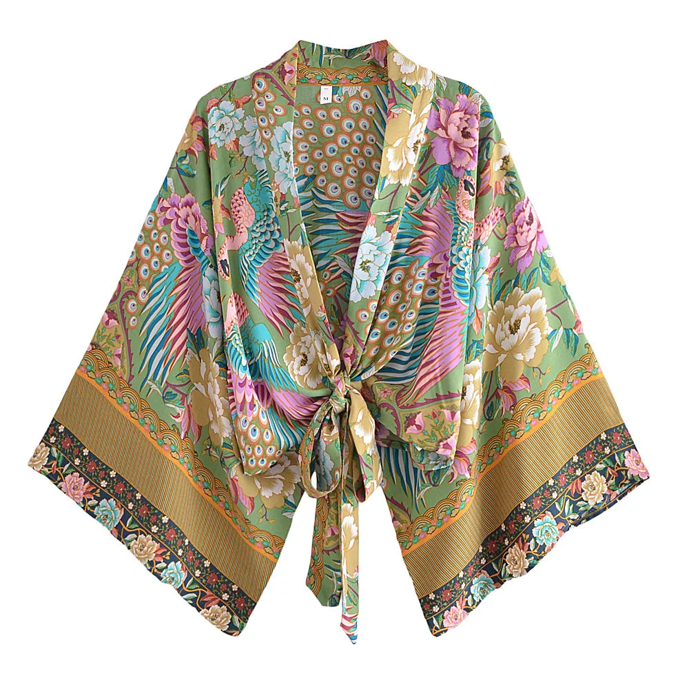 Peacock Floral Kimono & Wide-Leg Pants Set