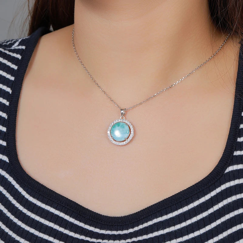 Larimar Halo Pendant Necklace in 925 Sterling Silver