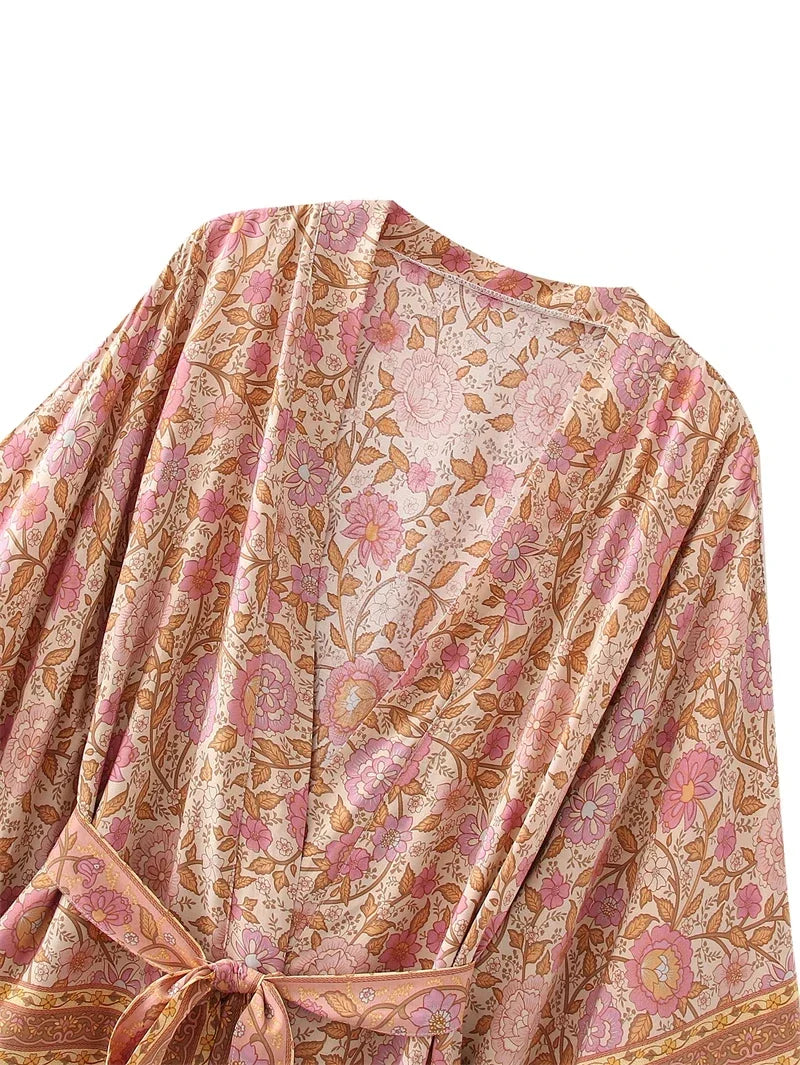 Blush Floral Kimono Robe – Short Boho Cover-Up