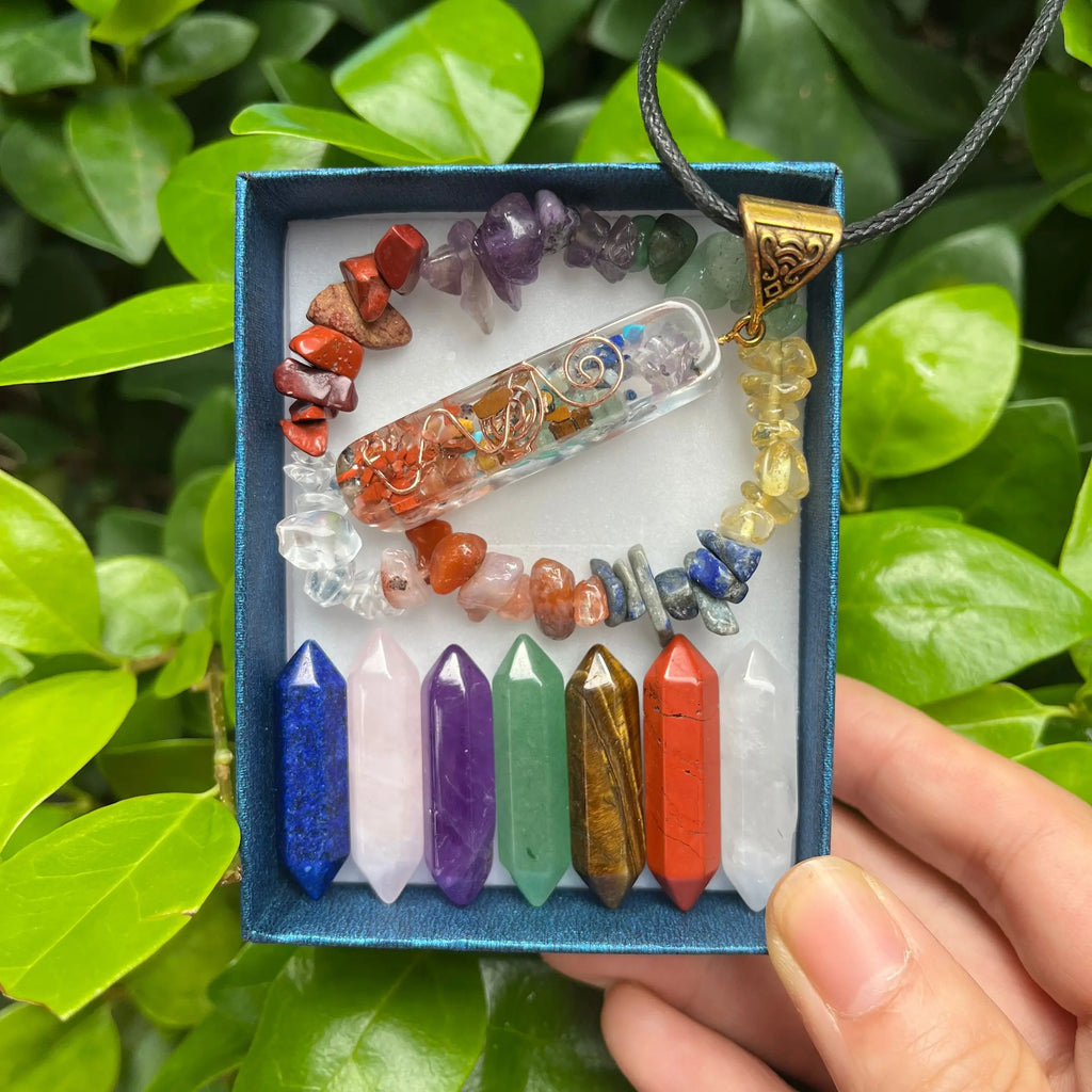 9-Piece Pointed Crystal Chakra Healing Set | Hexagonal Gemstone Wands in Gift Box