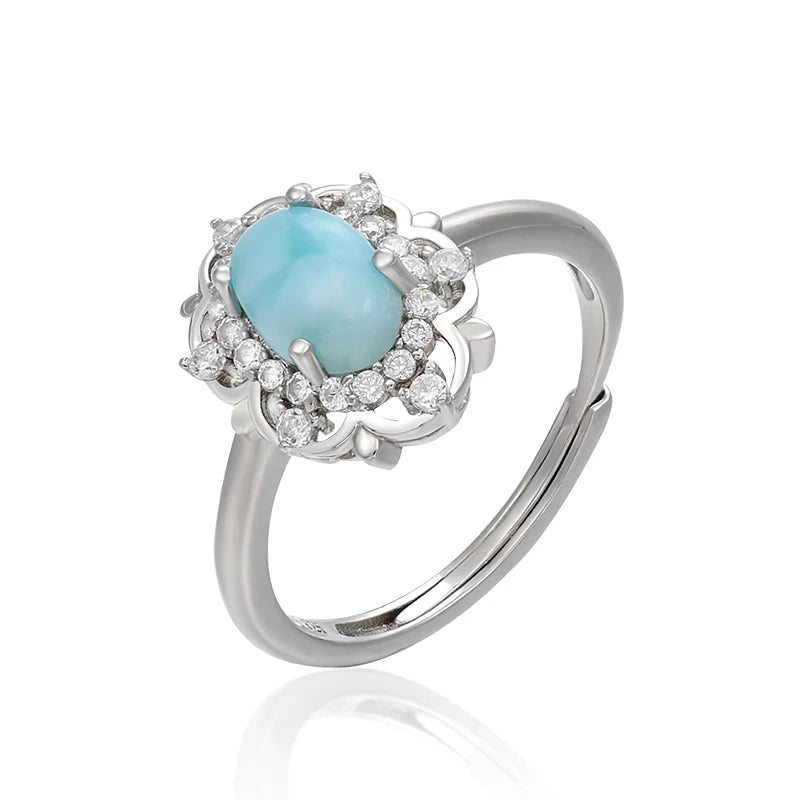 Larimar Halo Flower Ring, 925 Sterling Silver