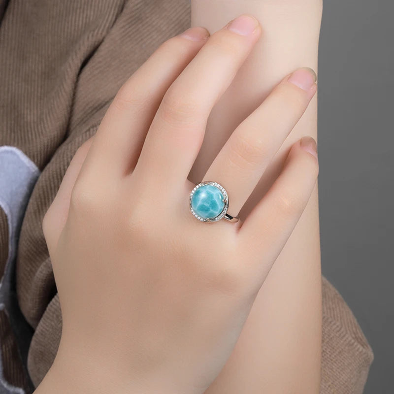 Larimar Round Halo Ring, 925 Sterling Silver