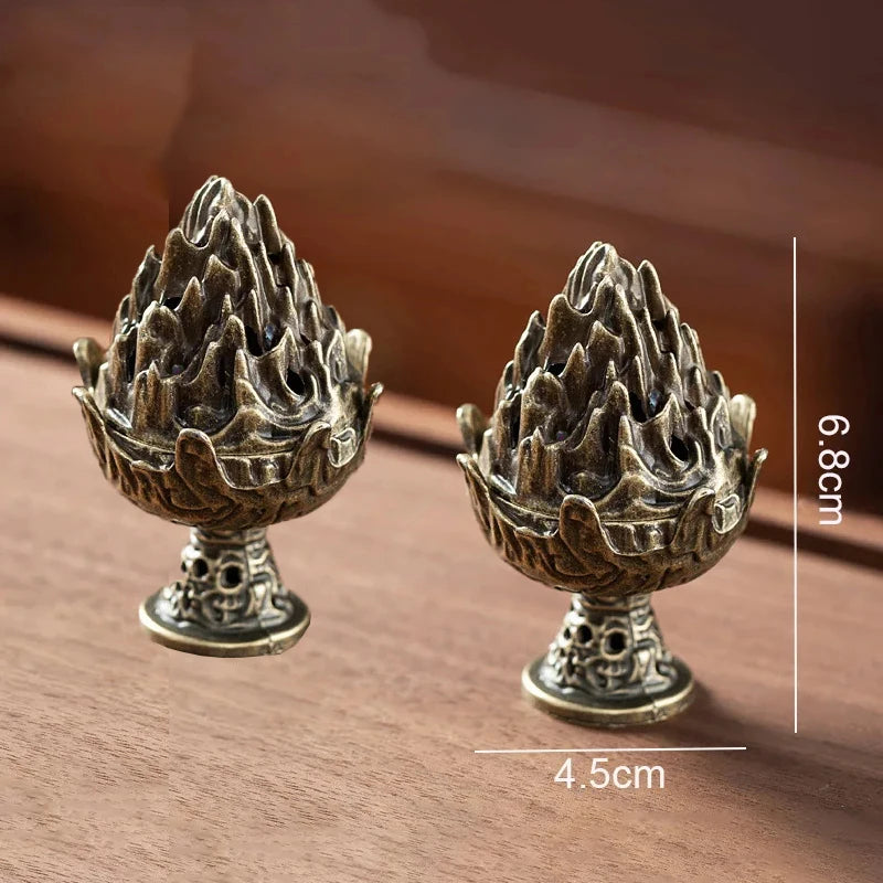 Lotus Bud Incense Burner — Hollow Alloy Cone & Stick Holder