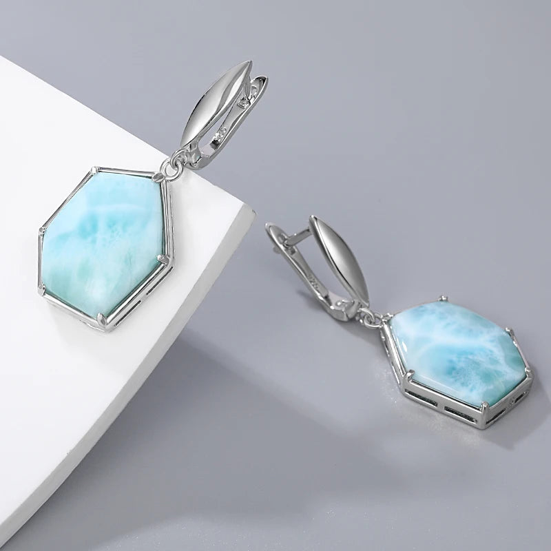 Larimar Hexagon Drop Earrings, 925 Sterling Silver