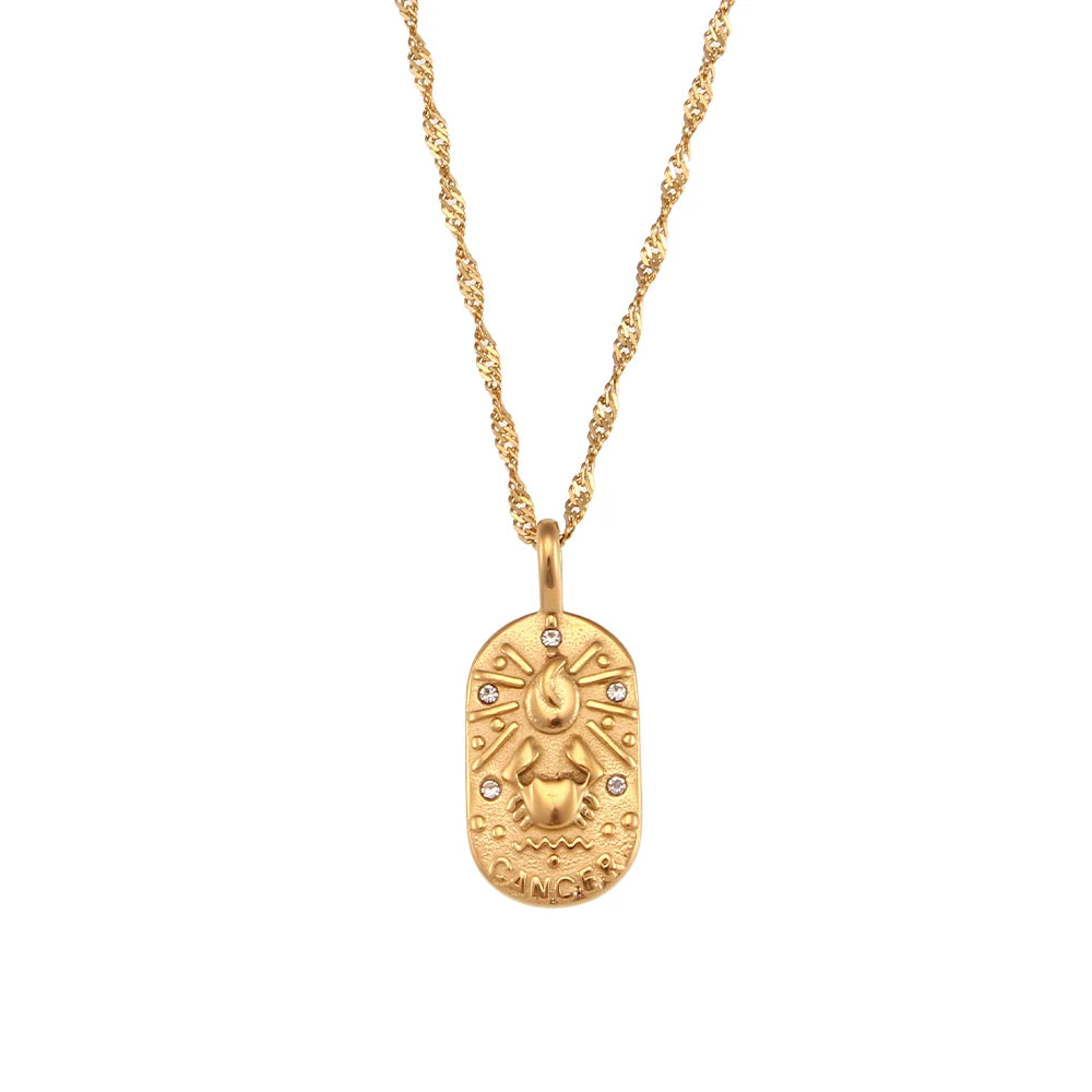 Zodiac Tag Pendant Necklace — 18K Gold Embossed Star Sign