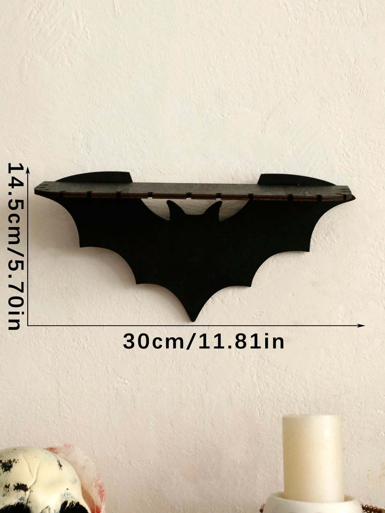 Gothic Bat Wall Shelf – Wooden Moon & Crystal Floating Display