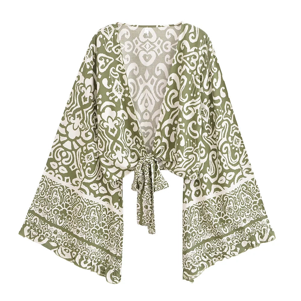 Floral Flare-Sleeve Boho Kimono Cardigan