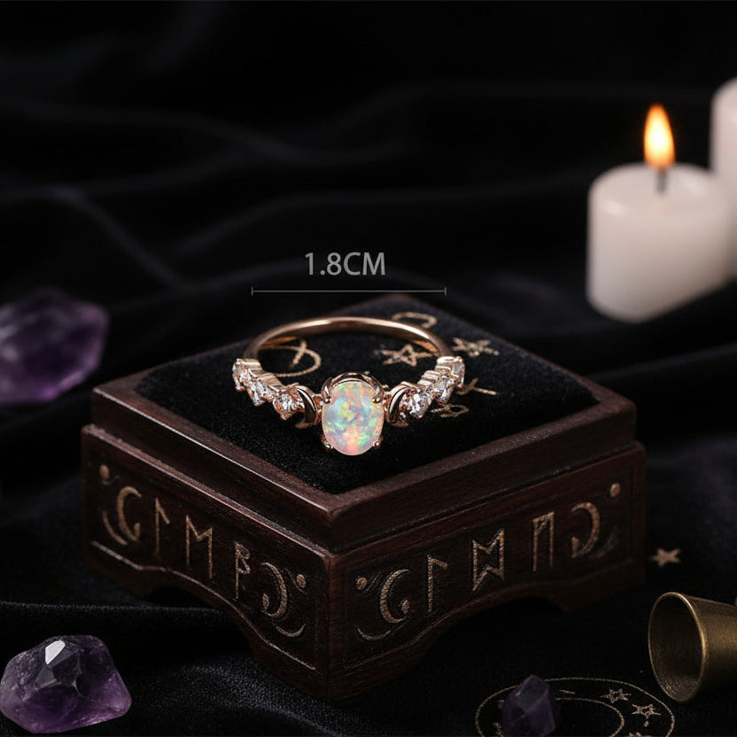 Rainbow White Fire Opal Moon Ring