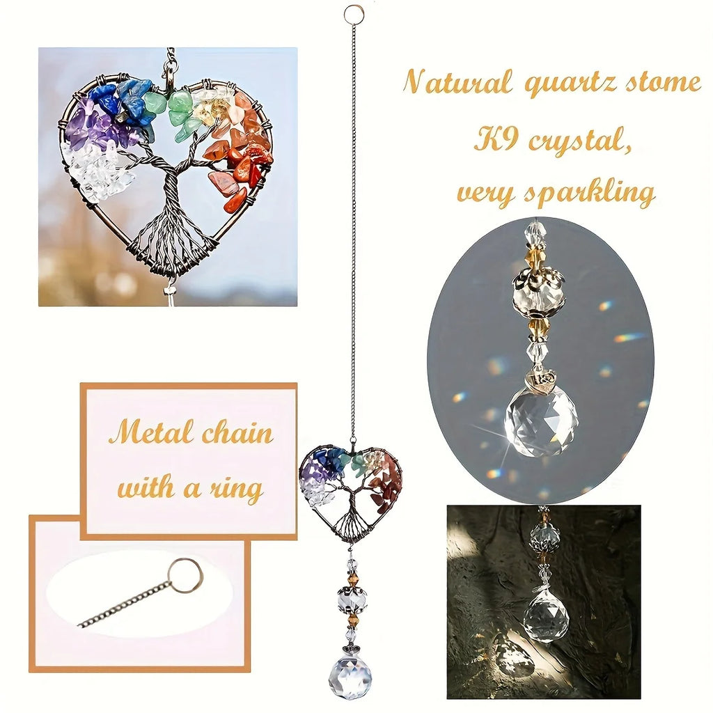7 Chakra Tree of Life Crystal Heart Suncatcher with Rainbow Prism Ball