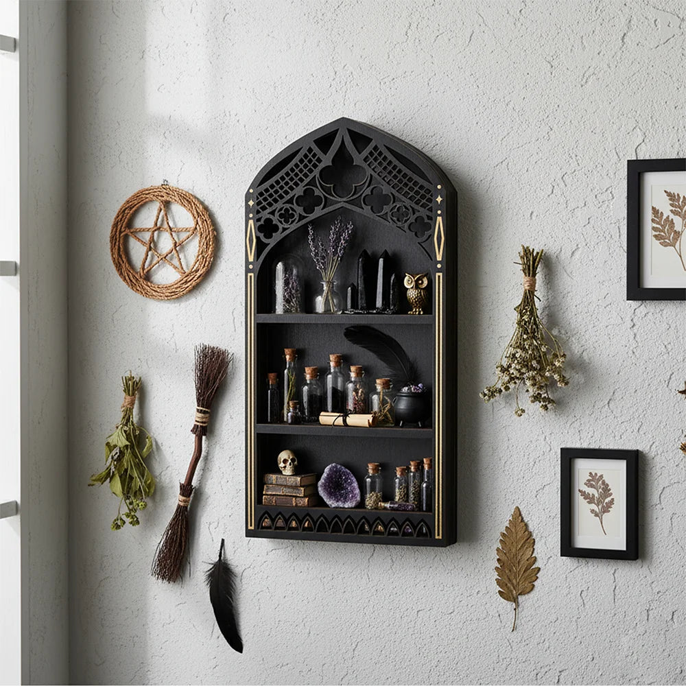 Gothic Arch Wall Cabinet – Wooden Crystal Display Case & Altar Organizer