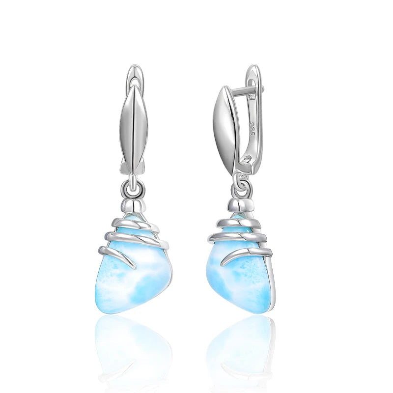 Larimar Wire Wrapped Drop Earrings in 925 Sterling Silver