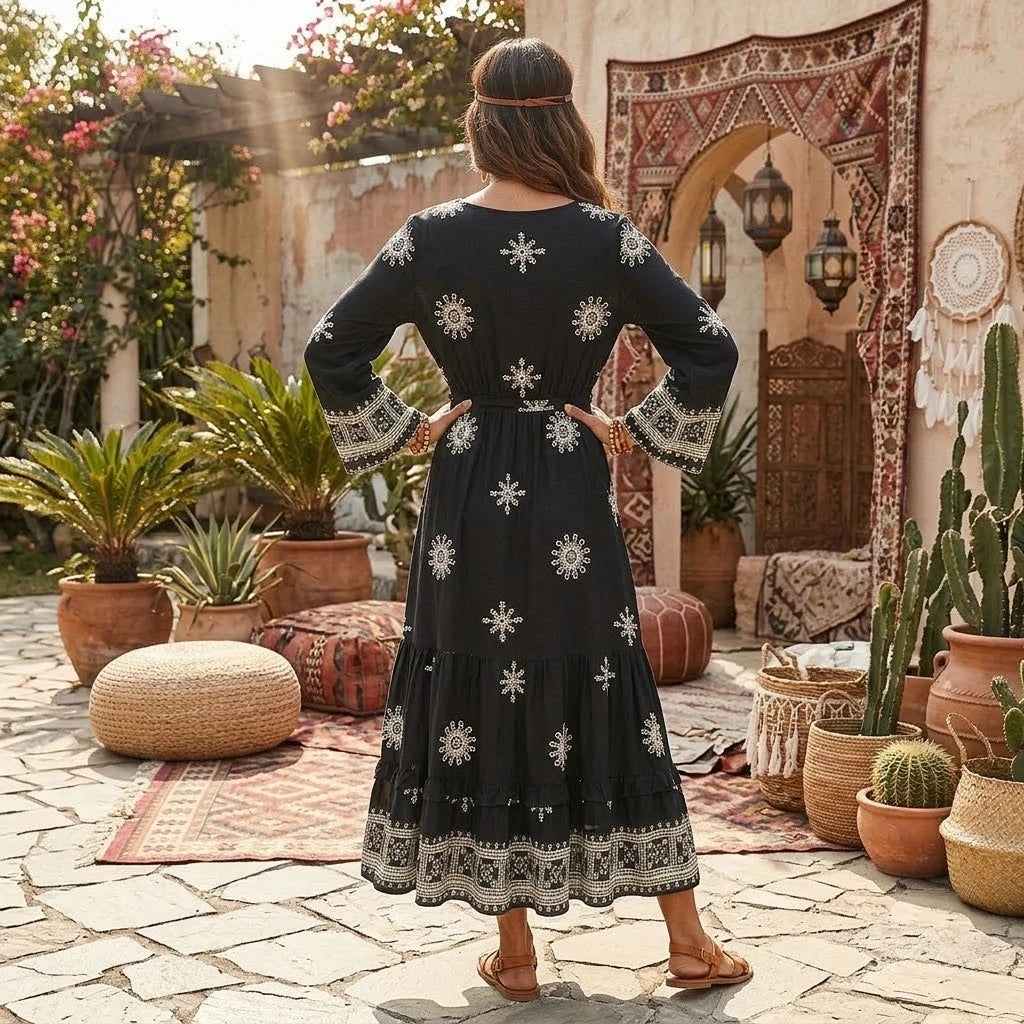 Boho Ethnic Floral Bell-Sleeve Maxi Dress