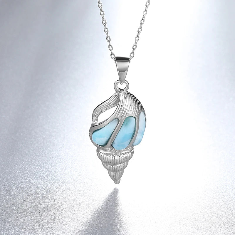 Larimar Spiral Shell Pendant Necklace, 925 Sterling Silver