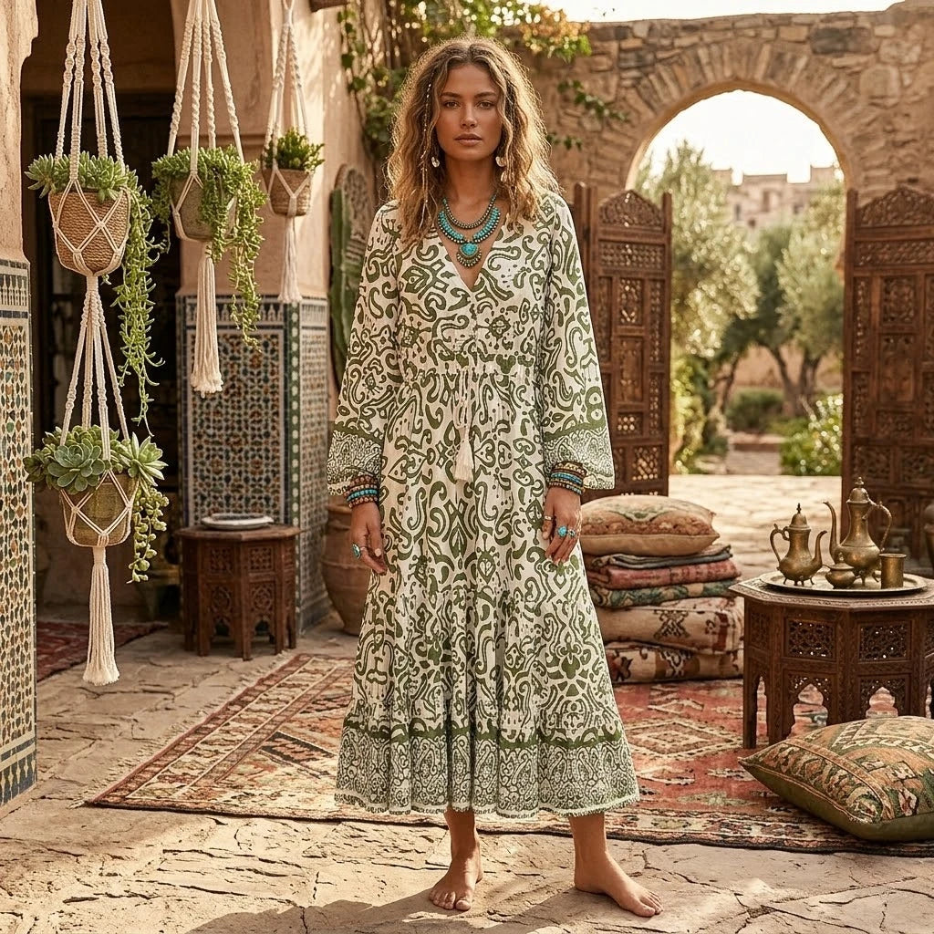 Boho Ethnic Floral Bell-Sleeve Maxi Dress