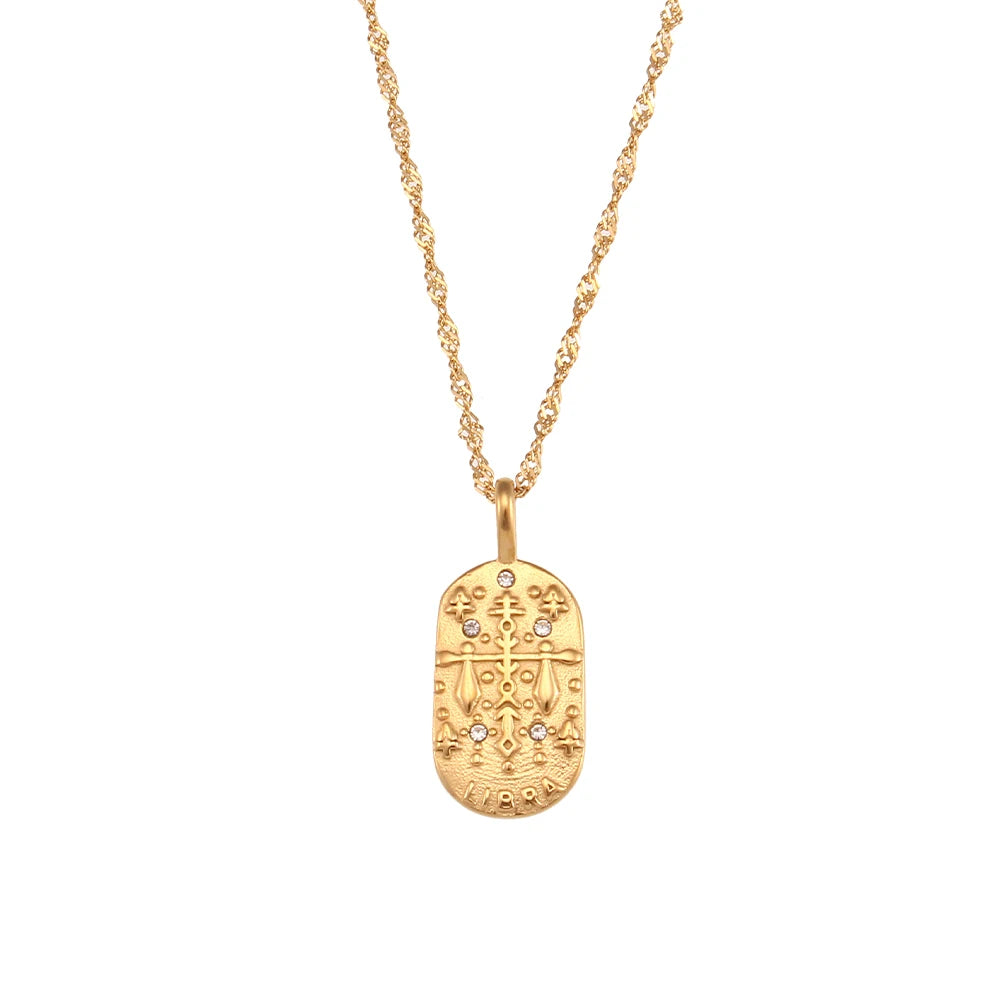 Zodiac Tag Pendant Necklace — 18K Gold Embossed Star Sign