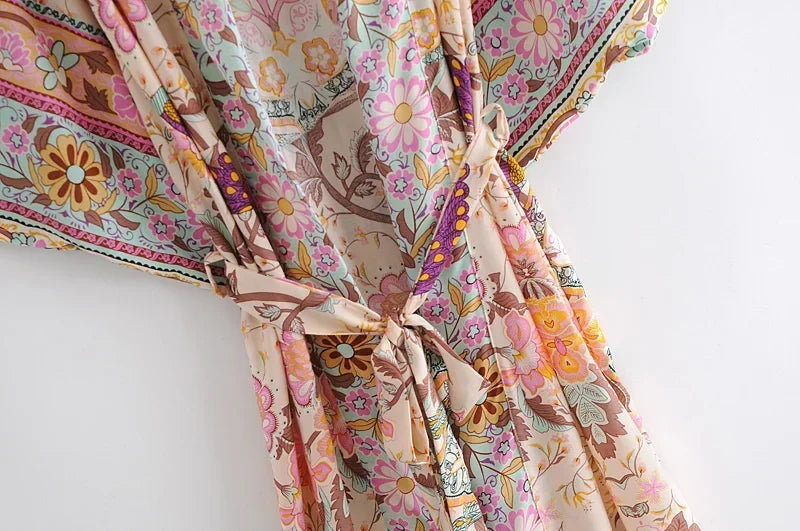 Floral Print Bat Sleeve Kimono Robe with Tassel Belt
