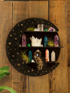 Round Moon Wall Shelf – 3-Tier Black Wooden Crystal Display