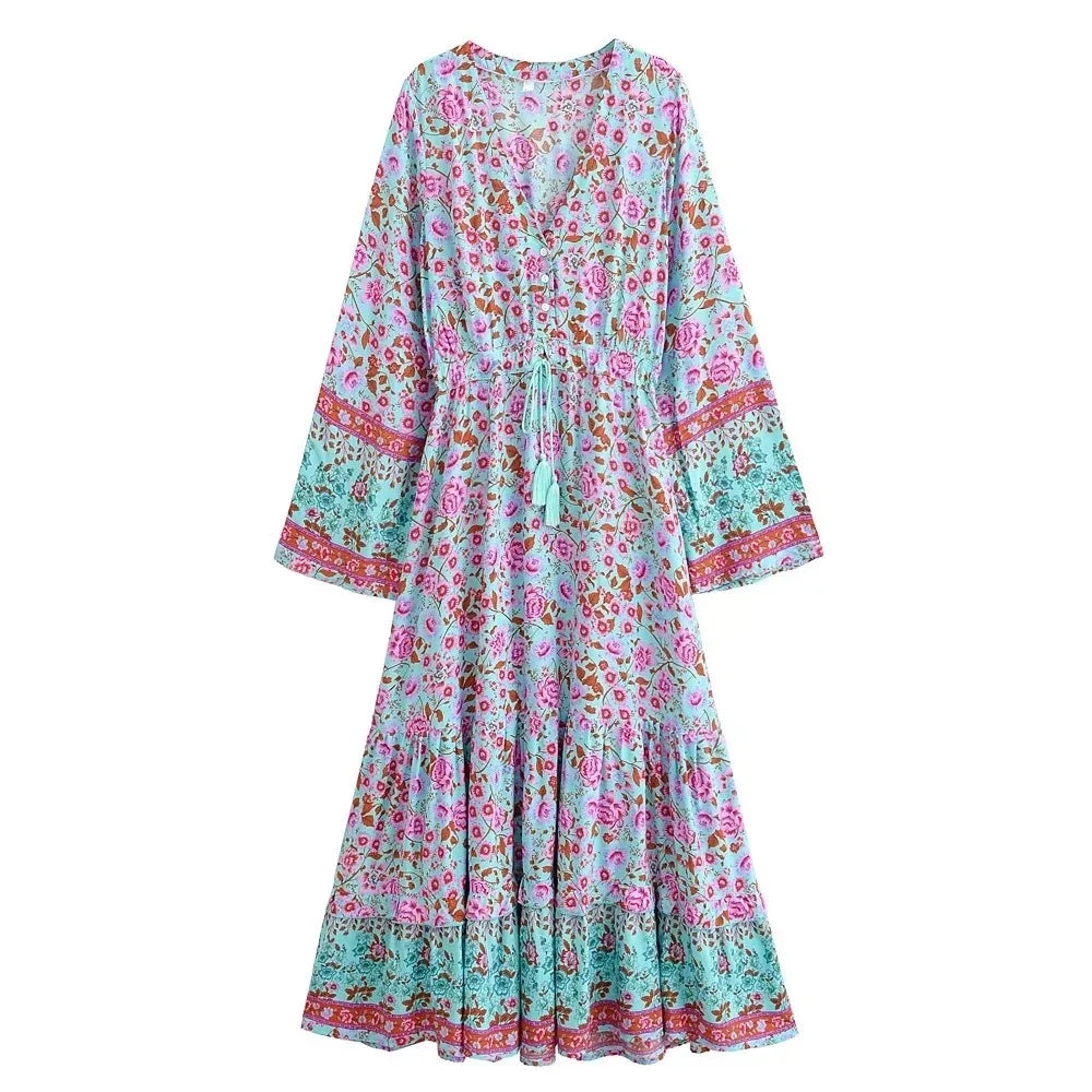 Boho Ethnic Floral Bell-Sleeve Maxi Dress