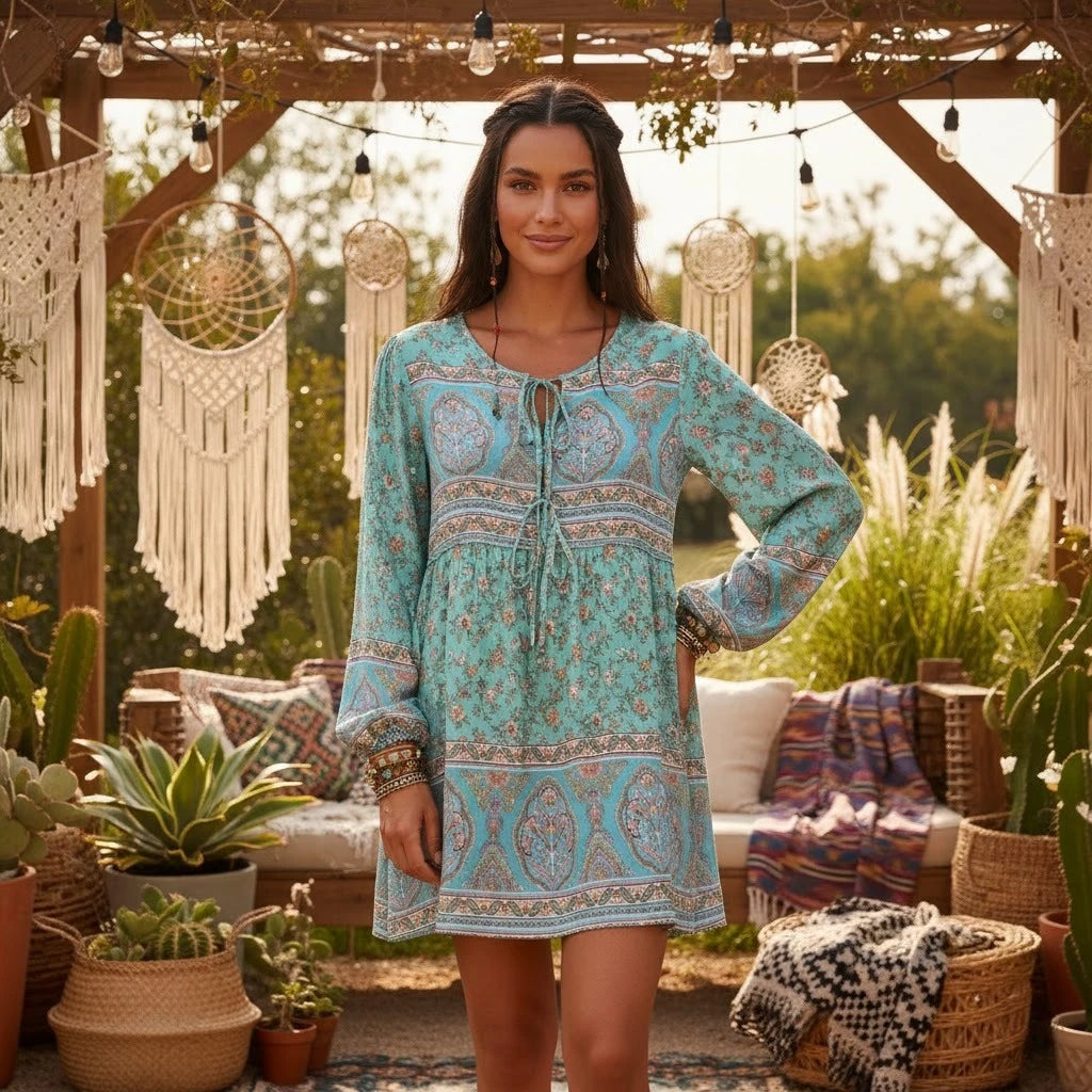 Floral Lantern Sleeve Boho Mini Dress