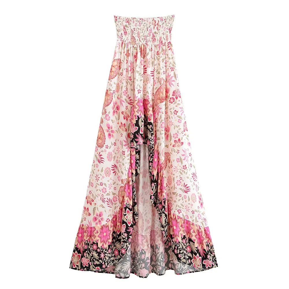Floral Print High-Low Boho Maxi Skirt