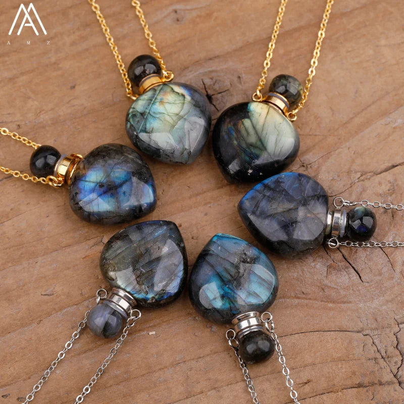 Natural Gemstone Perfume Bottle Pendant Necklace — Crystal Healing Jewelry