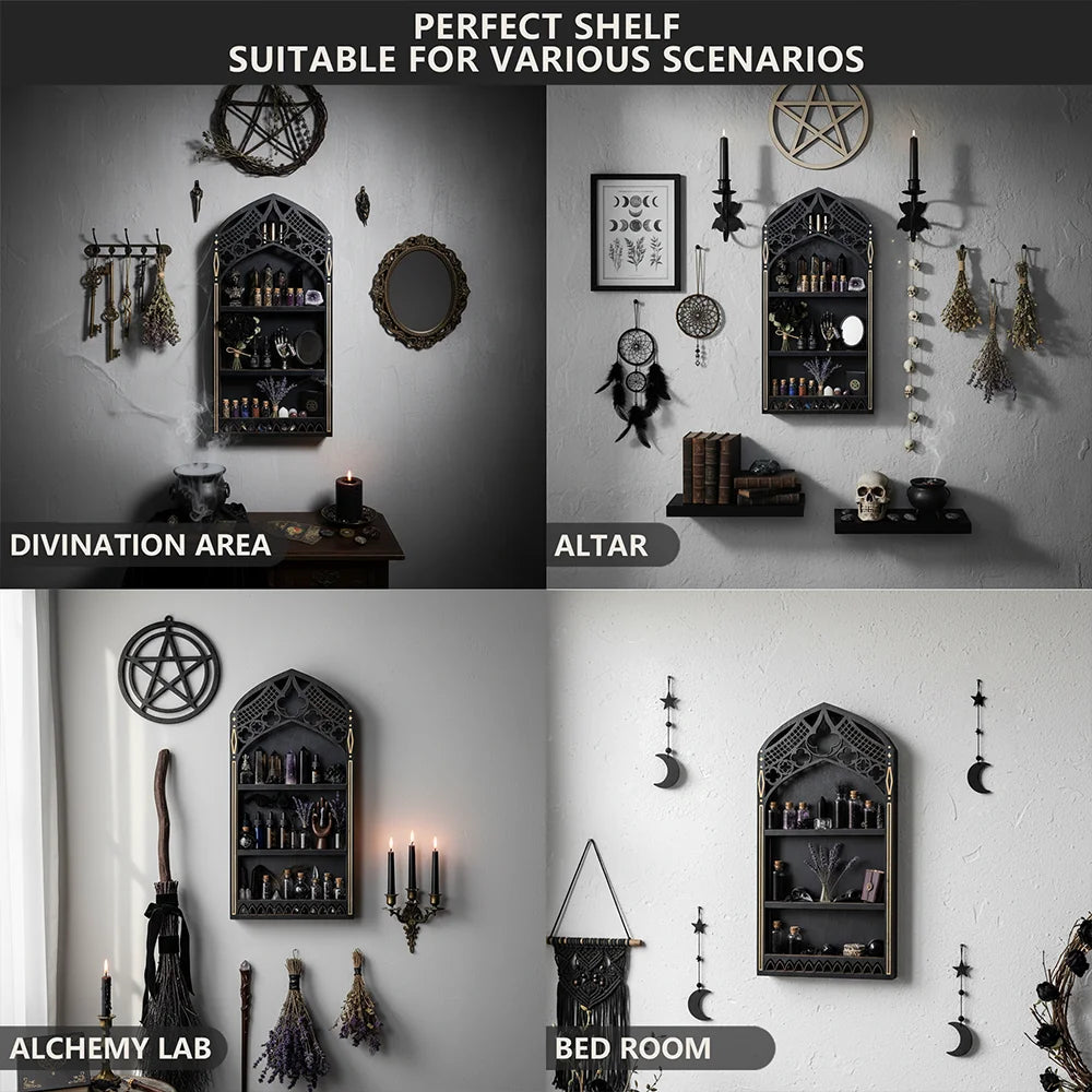 Gothic Arch Wall Cabinet – Wooden Crystal Display Case & Altar Organizer