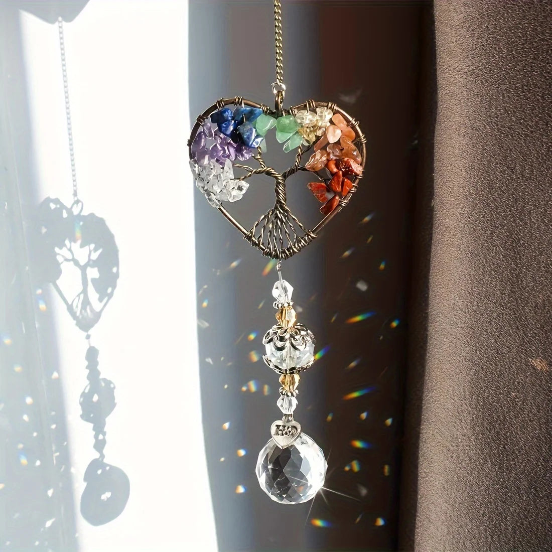 7 Chakra Tree of Life Crystal Heart Suncatcher with Rainbow Prism Ball