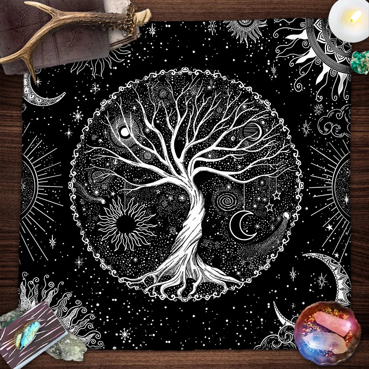 Tree of Life & Moon Phase Altar Cloth – Sacred Geometry Tarot Spread Mat