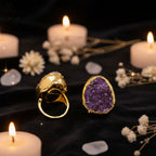 14K Gold-Plated Natural Gemstone Open Ring — Quartz, Citrine & Amethyst Crystal