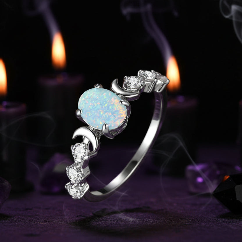 Rainbow White Fire Opal Moon Ring