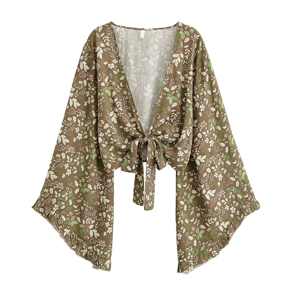 Flare Sleeve Tie-Front Boho Kimono Top
