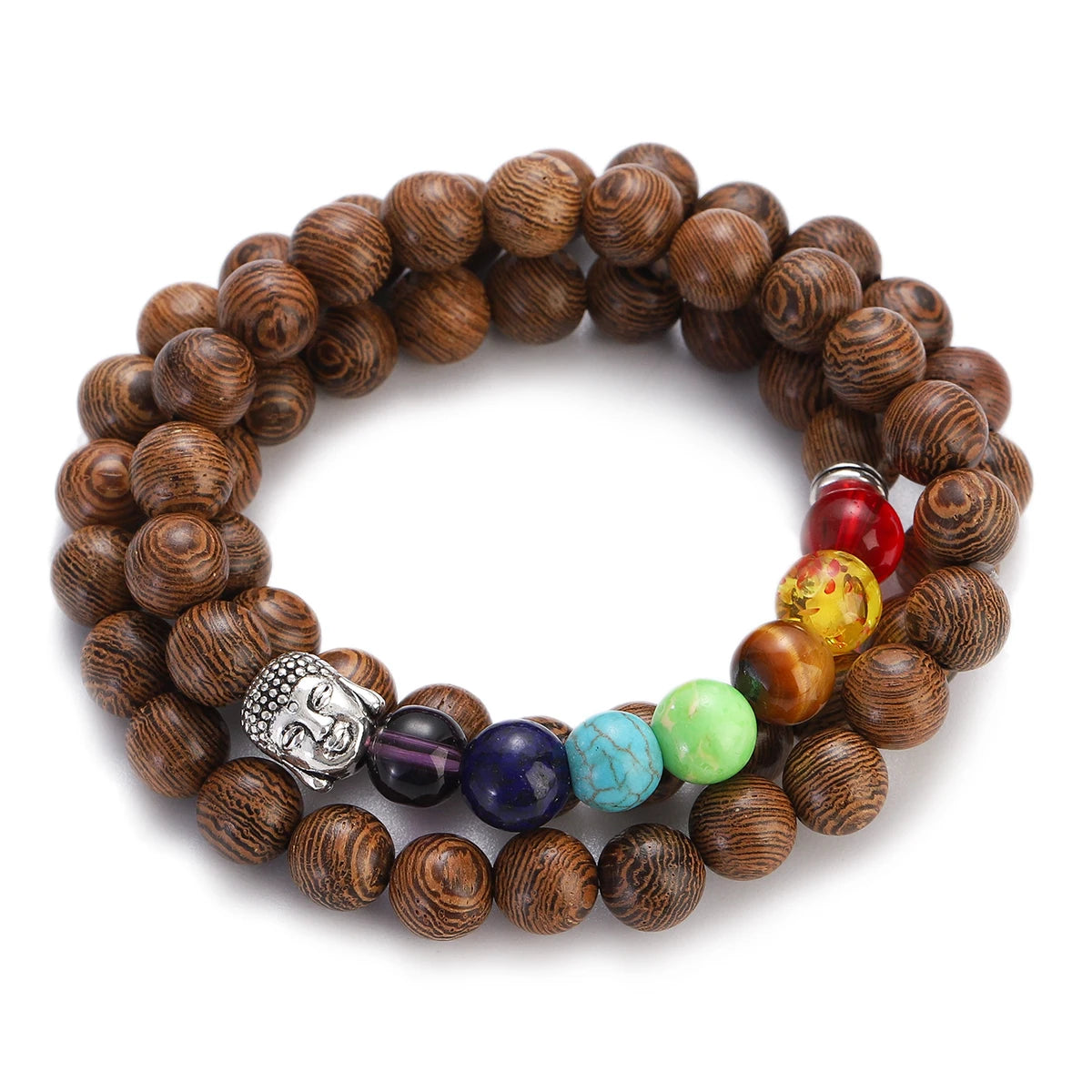 Wood Bead Buddha Om Lotus Charm Bracelet | Tibetan Mala Yoga Bracelet
