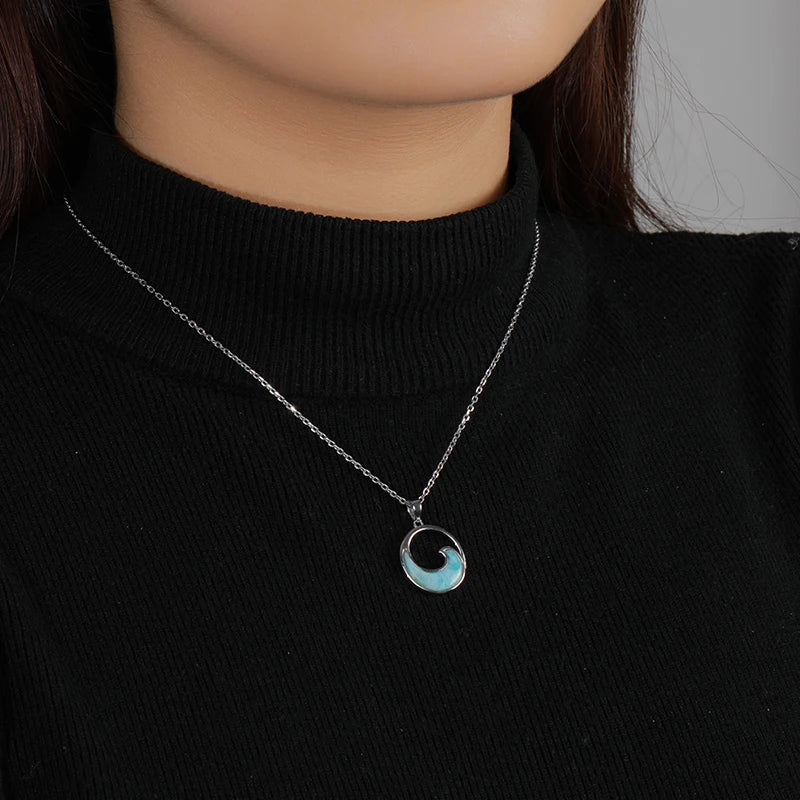 Larimar Ocean Wave Pendant Necklace in 925 Sterling Silver