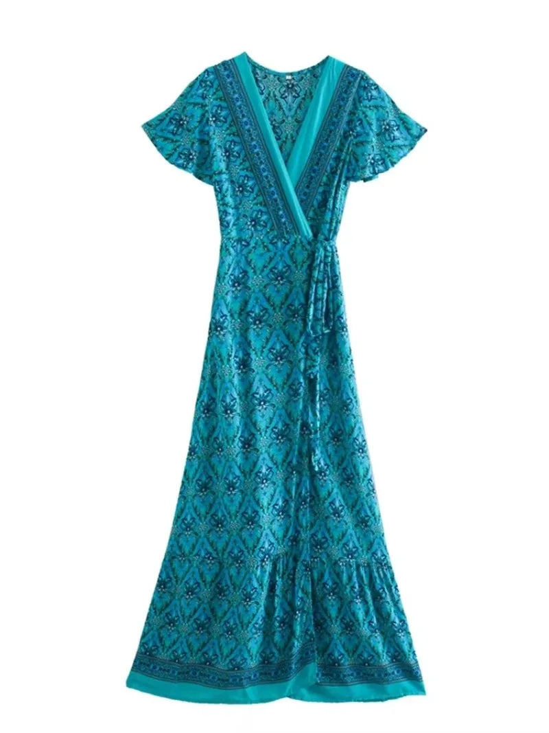 Floral Wrap Maxi Dress with Bow Tie